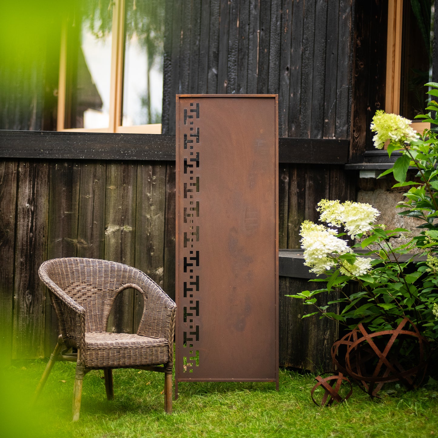 Rustic Metal Garden Screen – Corten Effect Steel Privacy Panel with Greek Motif Pattern Cutouts