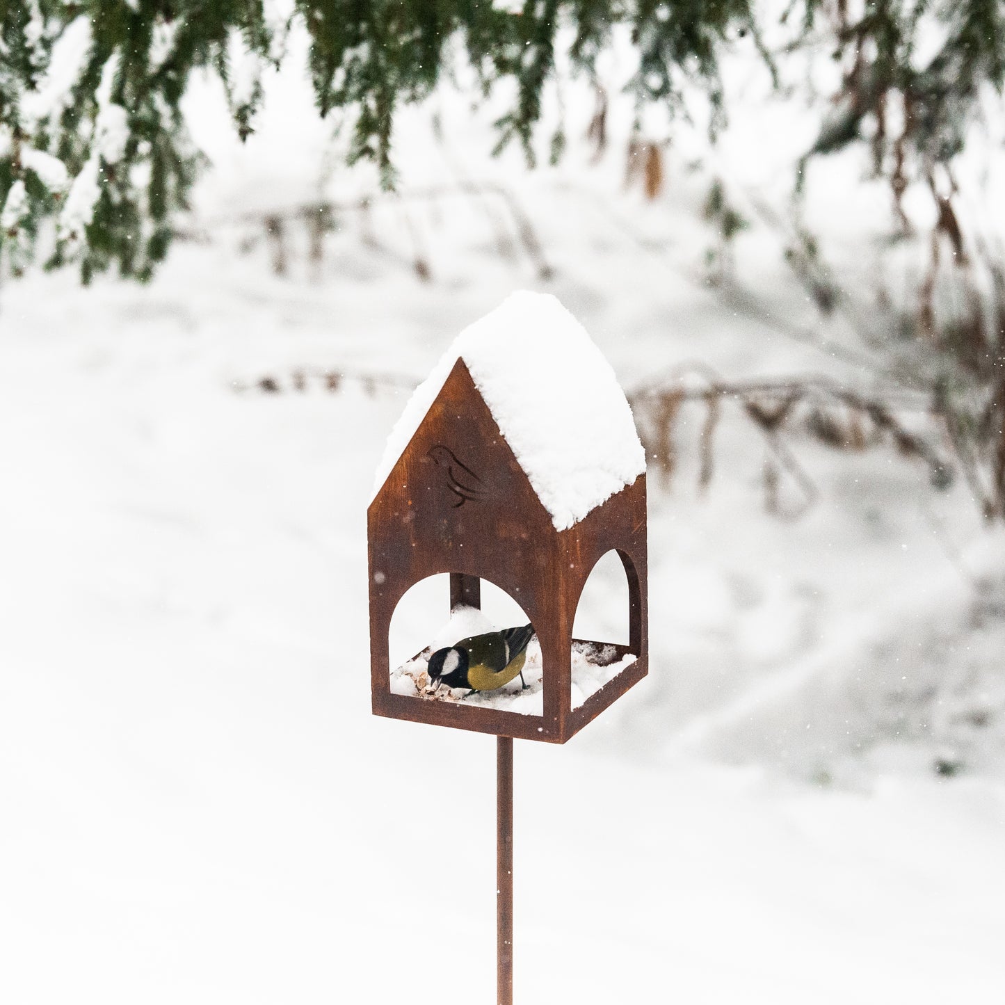 Rustic Steel Bird Feeder on Stake, Garden Decor, Natural Rust Finish