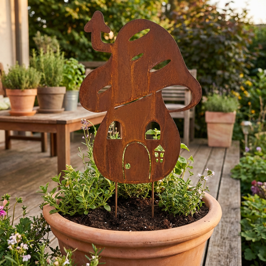 Rustic Metal Mushroom Garden Stake – Corten Steel Outdoor Decor