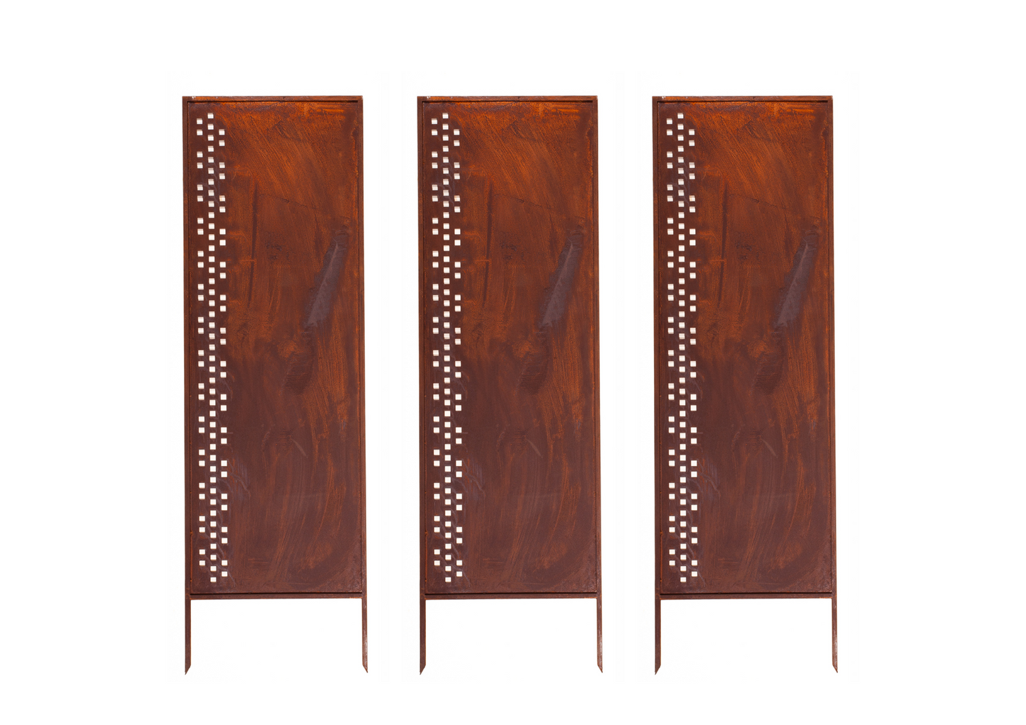 Rustic Metal Garden Screen – Corten Effect Steel Privacy Panel with Side Geometric Pattern Cutouts