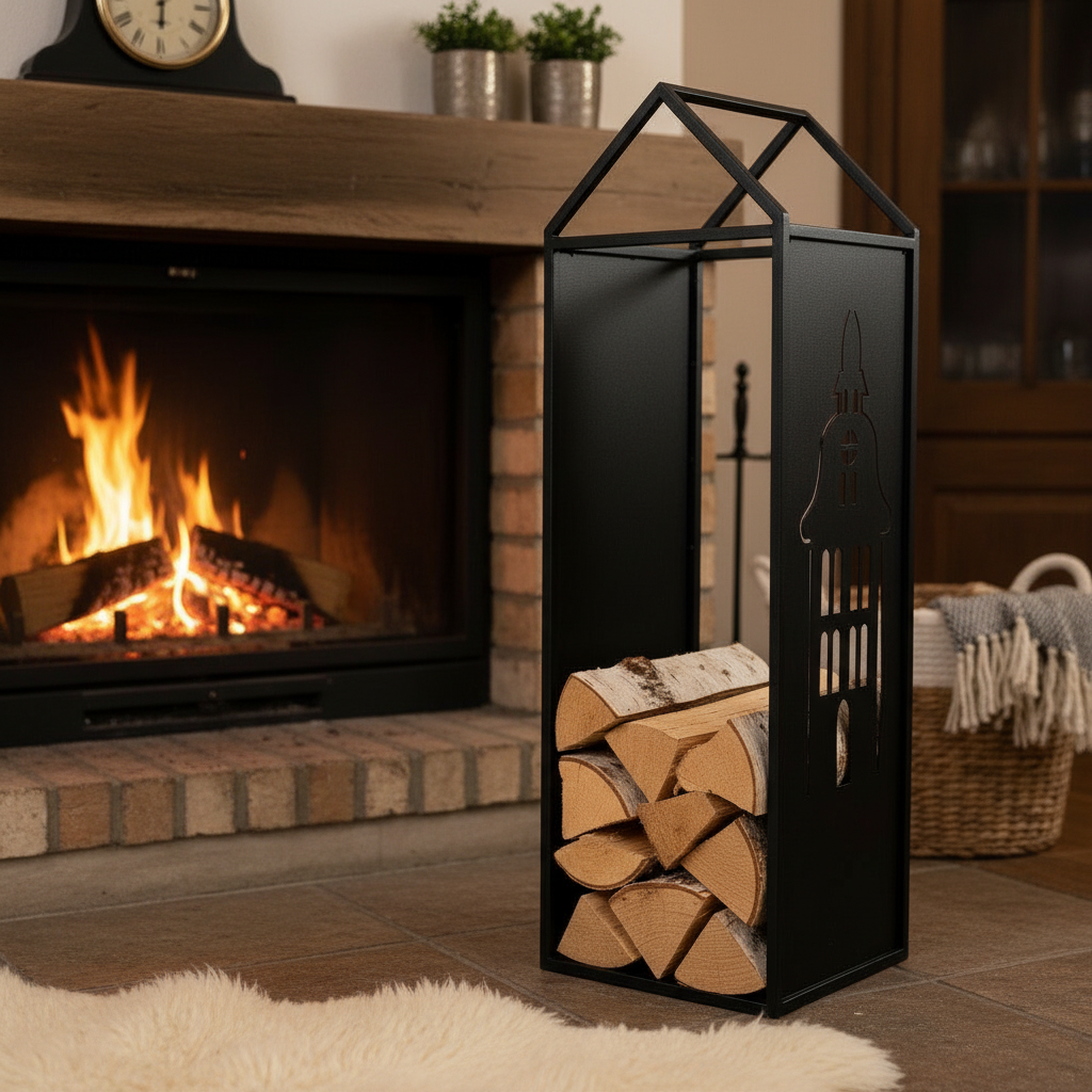 Black Metal Firewood Rack with Handle, Freestanding Log Holder BELFRY