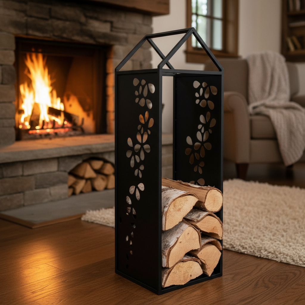 Black Metal Firewood Rack with Handle, Freestanding Log Holder GARLAND