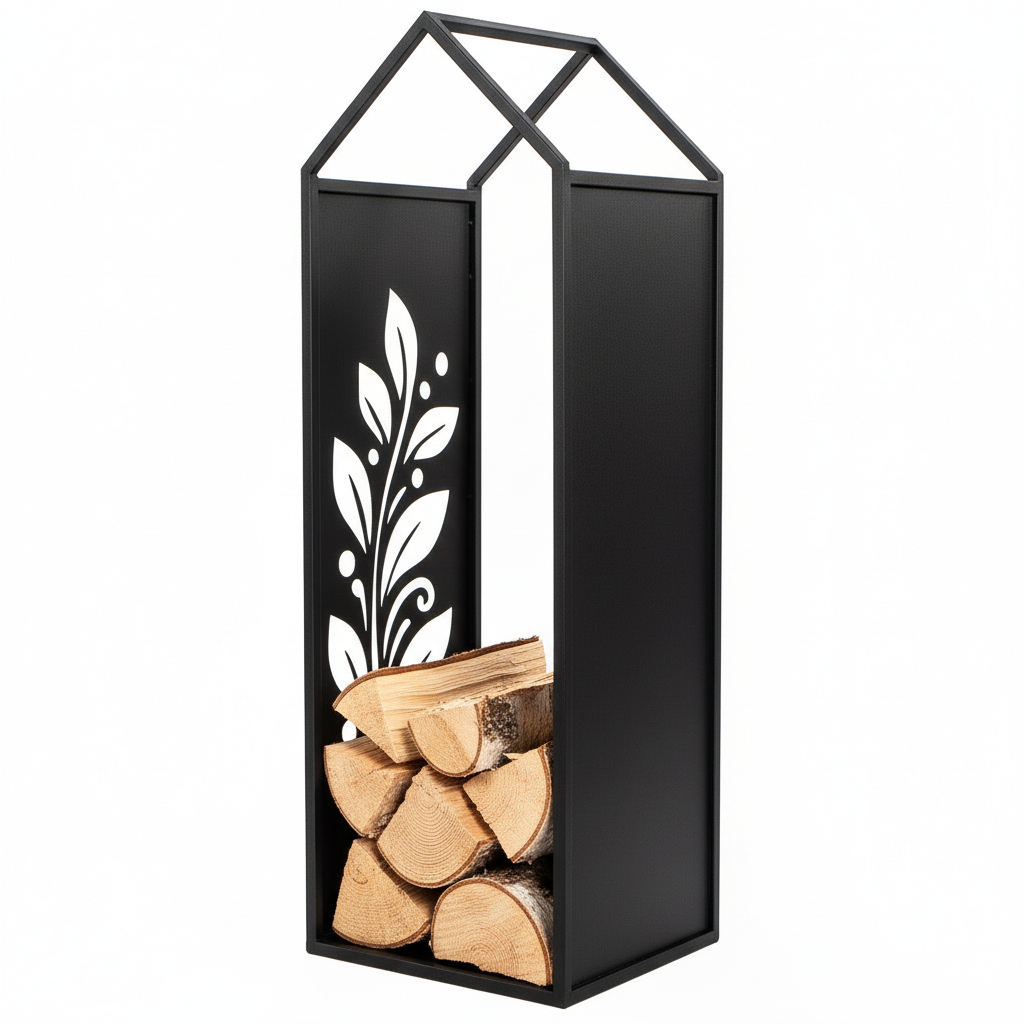 Black Metal Firewood Rack with Handle, Freestanding Log Holder LEAVES