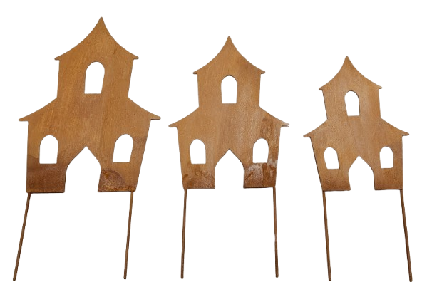 Rustic Steel Witch Houses Garden Stakes – Metal Garden Art, Set of 3