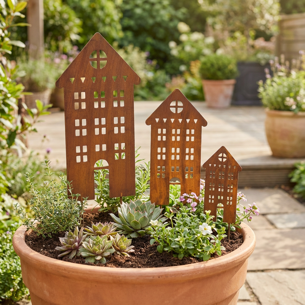 Rustic Steel House Garden Stakes – Metal Garden Art