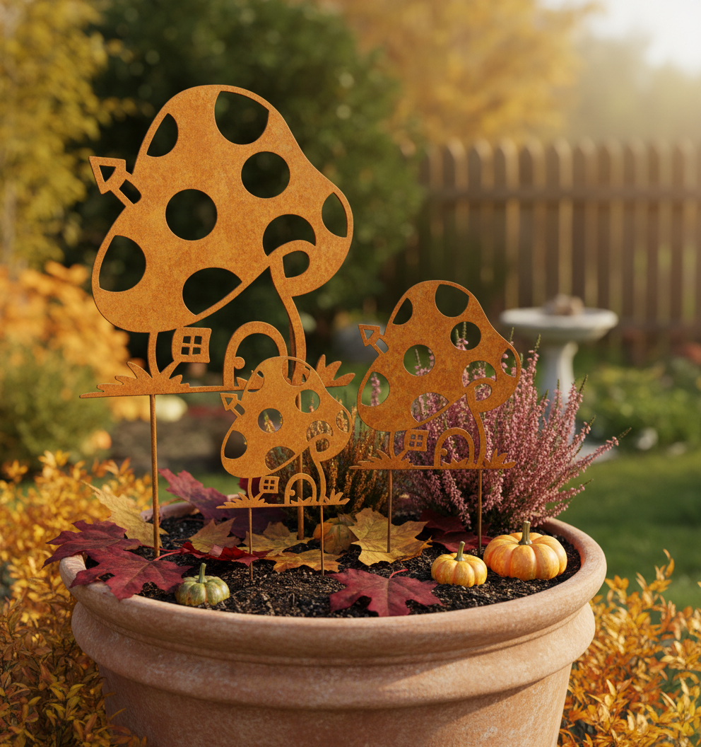 Rustic Metal Mushroom Garden Stake – Corten Steel Outdoor Decor