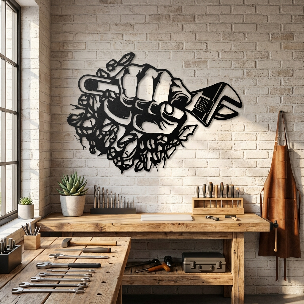 Black Metal Fist with Wrench Wall Art – Industrial Steel Sculpture