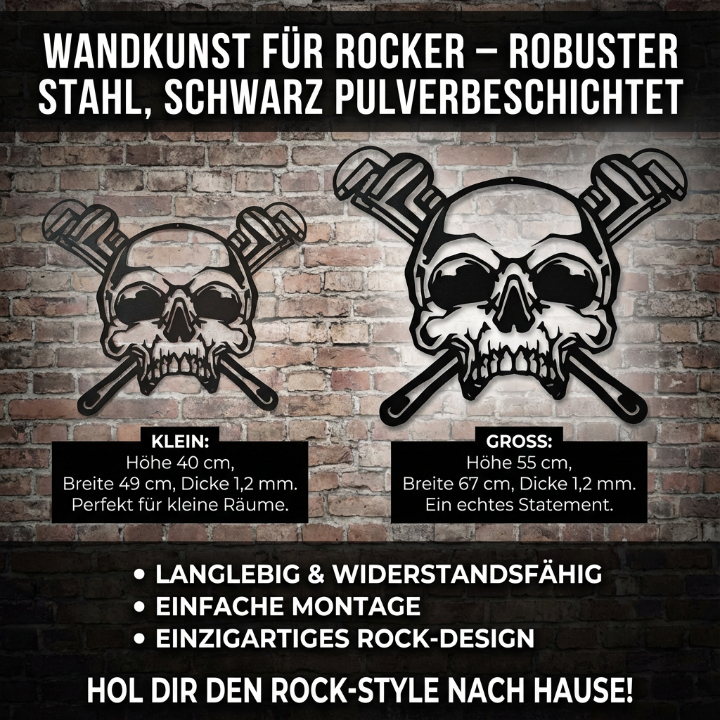 Schwarzer Metall-Totenkopf & Schraubenschlüssel Wandbild – Industrial Gothic Deko