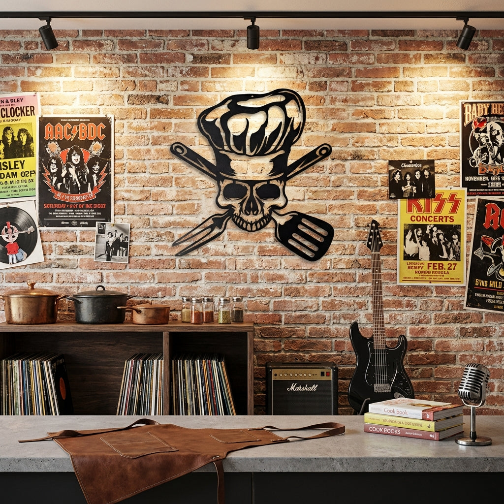 Metal Chef Skull Wall Art – Black Kitchen Wall Decor | Modern Loft Style