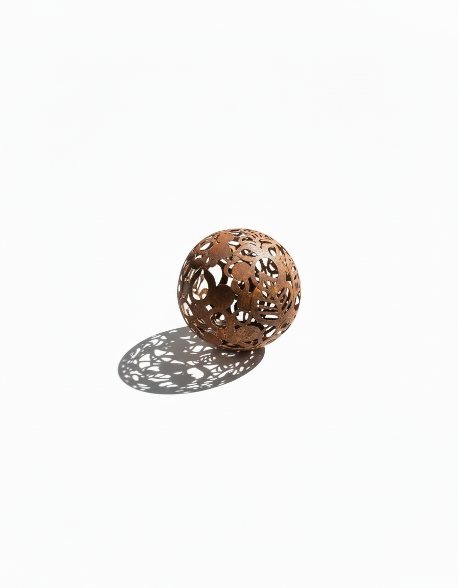 Metal Decorative Sphere, Openwork Leaves, Rustic Garden Loft Ornament