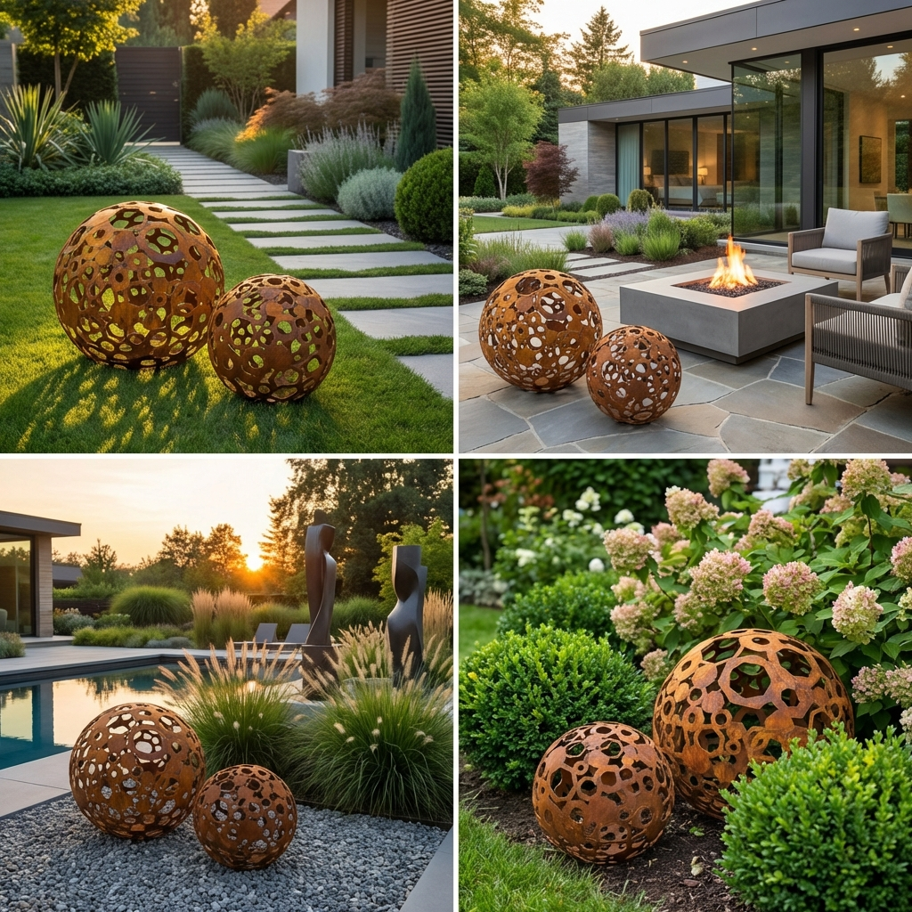 Metal Decorative Sphere, Openwork Geometric, Rustic Garden Loft Ornament