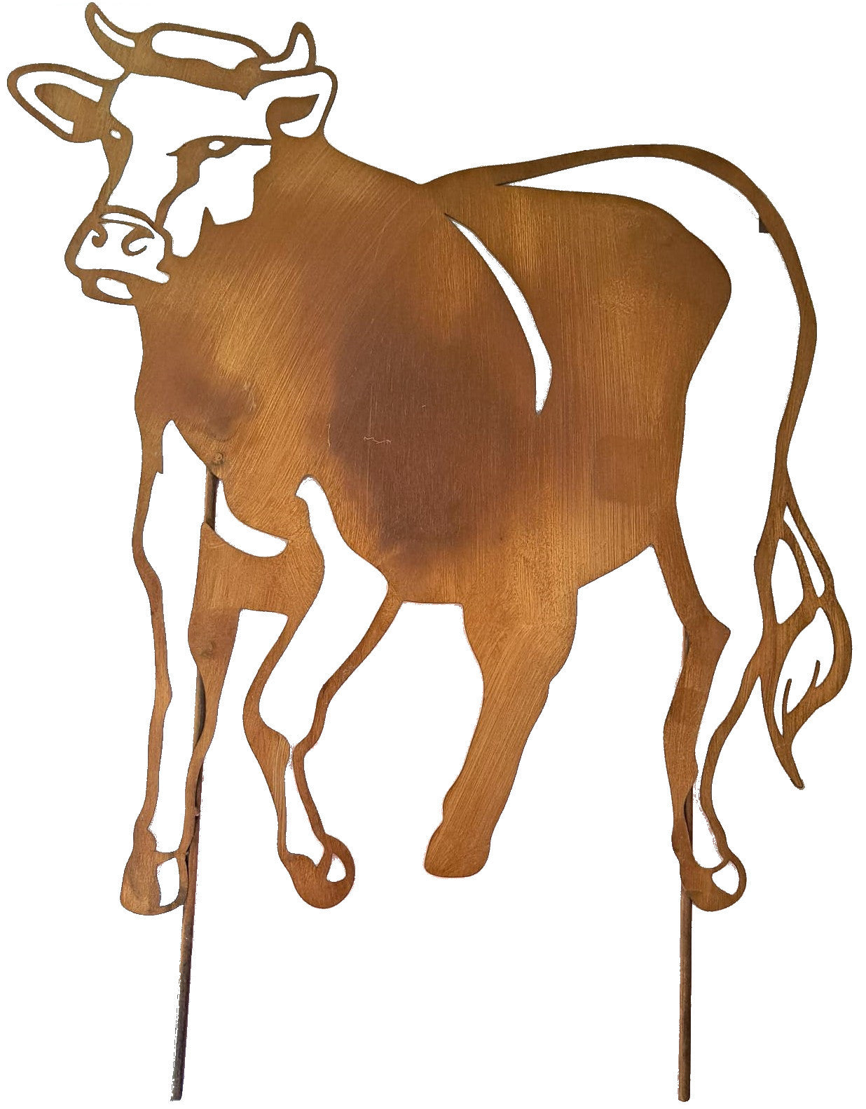 Rustic Metal Cow or Bull Silhouette Garden Stake – Weathered Corten Steel Farmyard Decor
