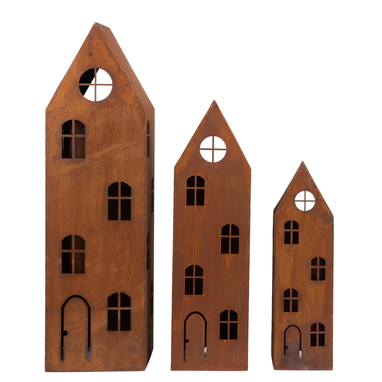 Rustic Metal Lantern House – Corten Effect, LED Candle Holder