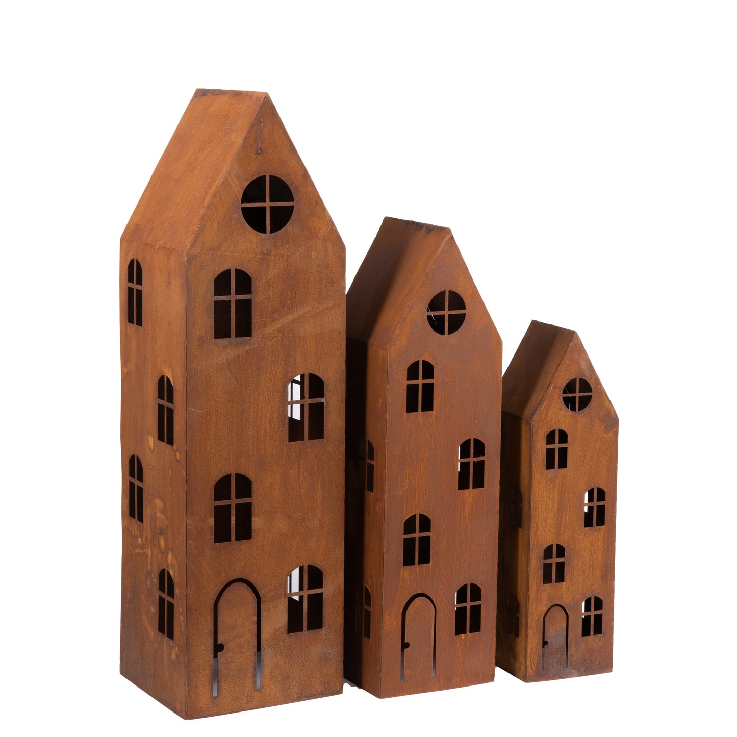 Rustic Metal Lantern House – Corten Effect, LED Candle Holder