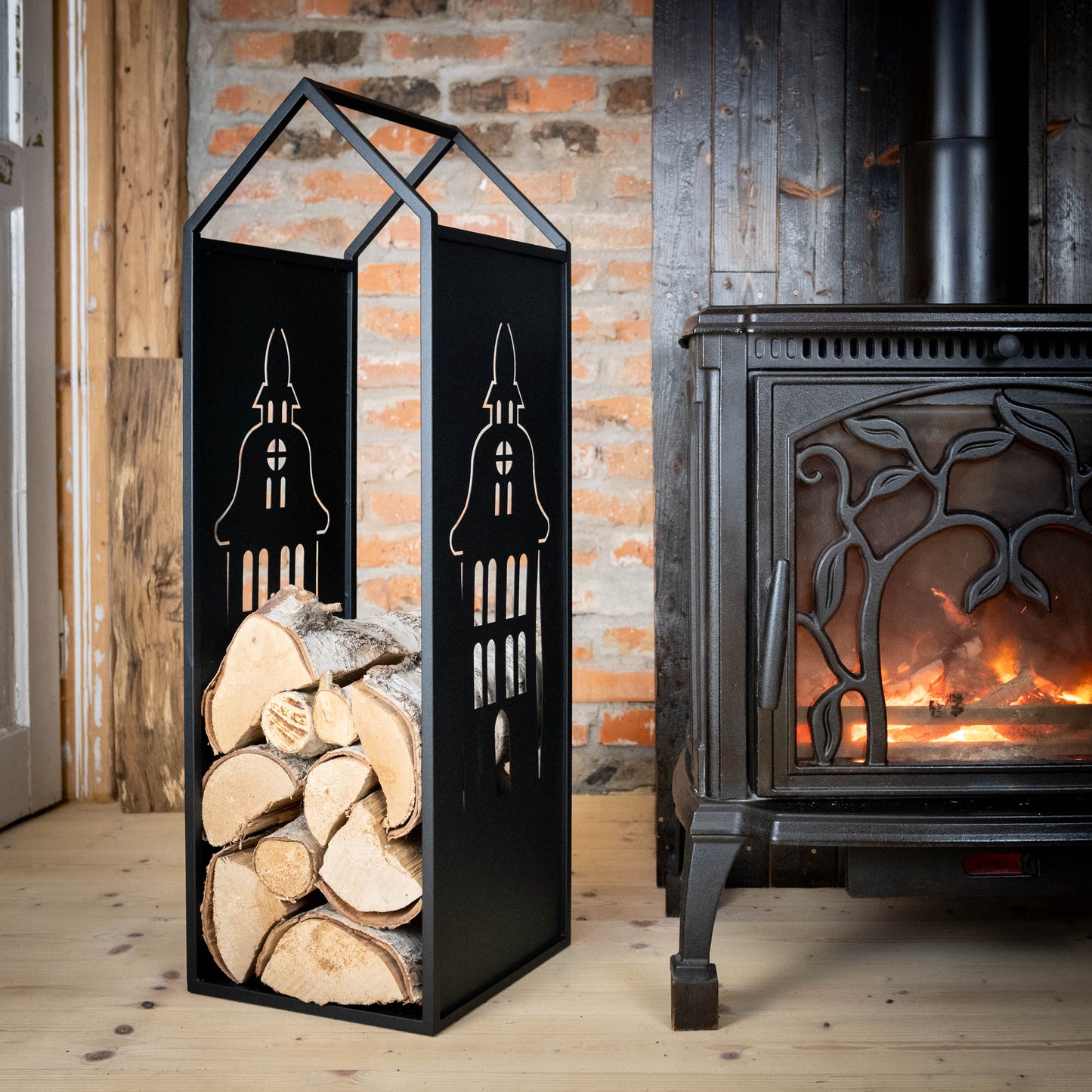 Black Metal Firewood Rack with Handle, Freestanding Log Holder BELFRY