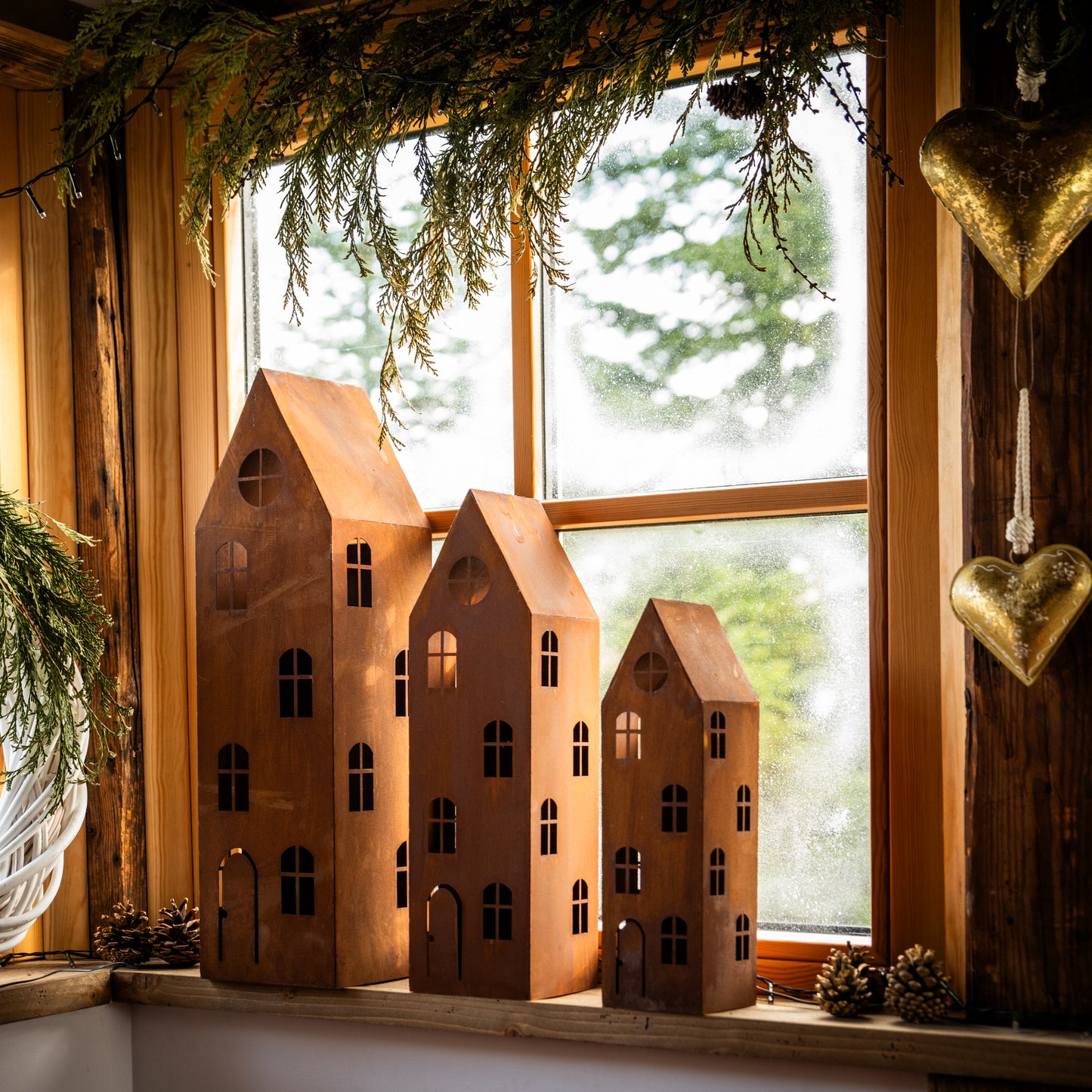 Rustic Metal Lantern House – Corten Effect, LED Candle Holder