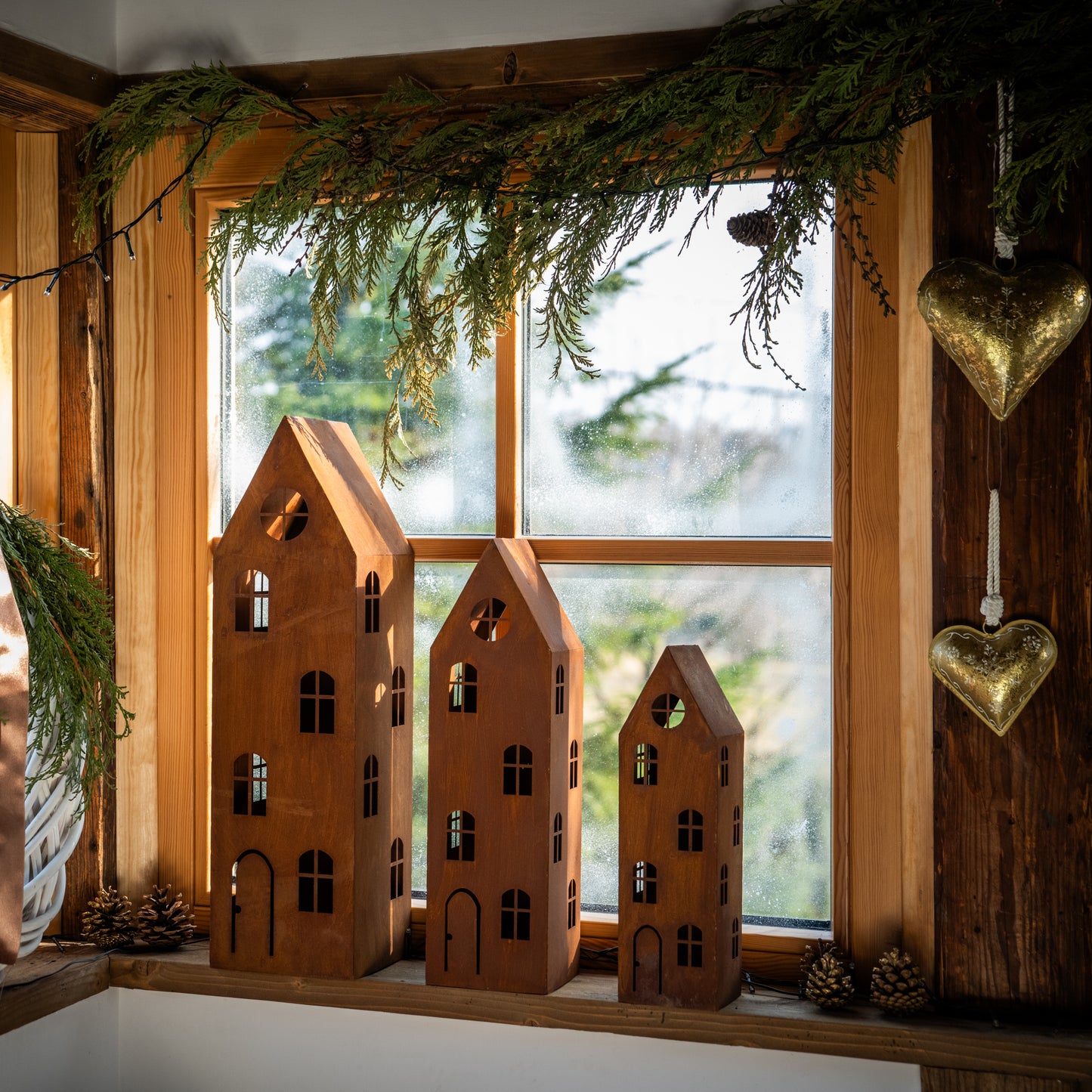 Rustic Metal Lantern House – Corten Effect, LED Candle Holder