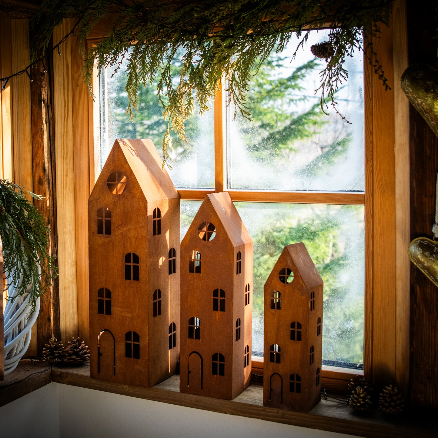 Rustic Metal Lantern House – Corten Effect, LED Candle Holder