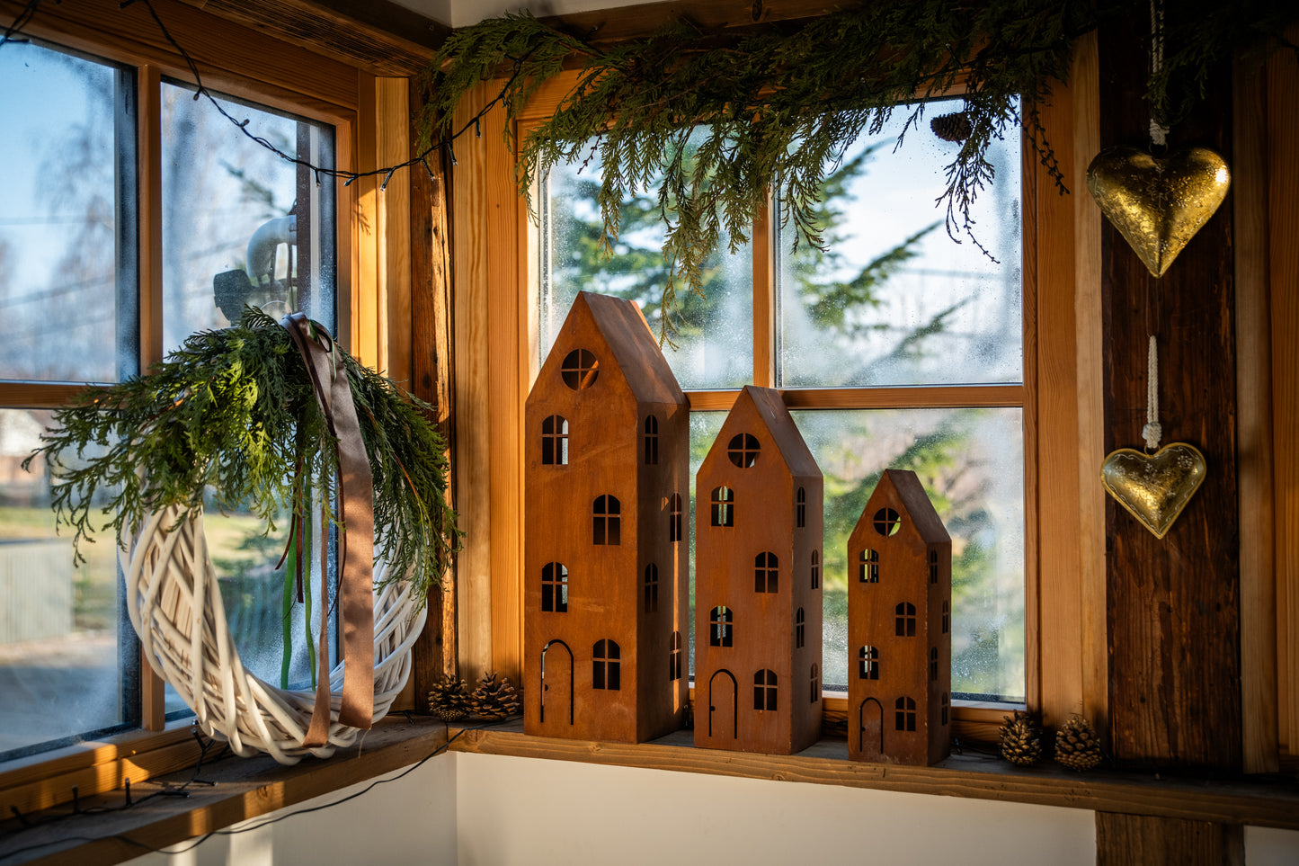 Rustic Metal Lantern House – Corten Effect, LED Candle Holder