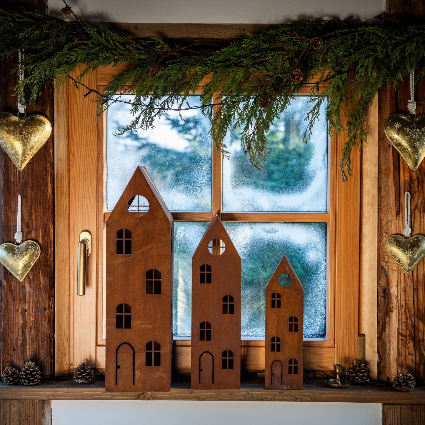 Rustic Metal Lantern House – Corten Effect, LED Candle Holder