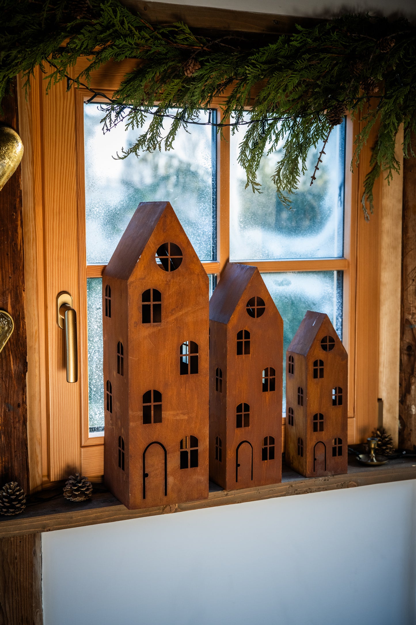 Rustic Metal Lantern House – Corten Effect, LED Candle Holder