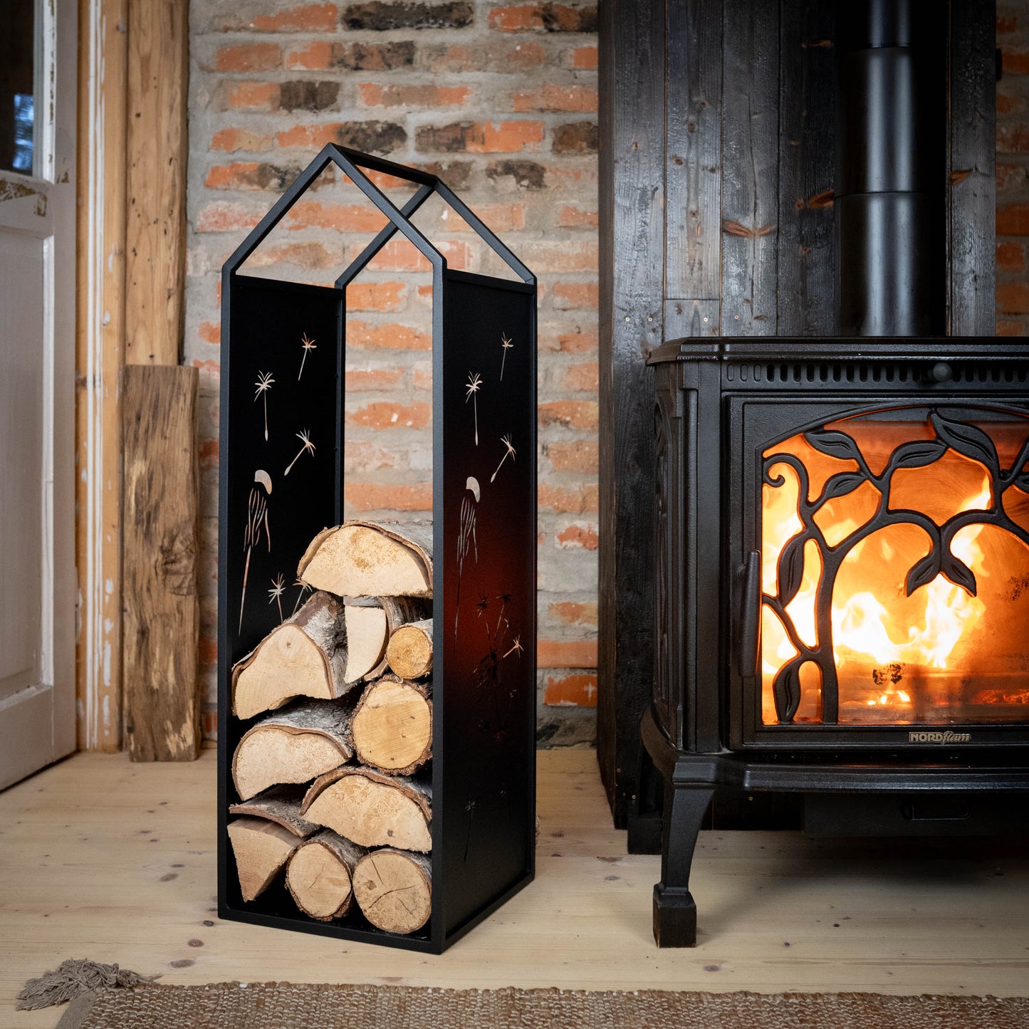 Black Metal Firewood Rack with Handle, Freestanding Log Holder DANDELION