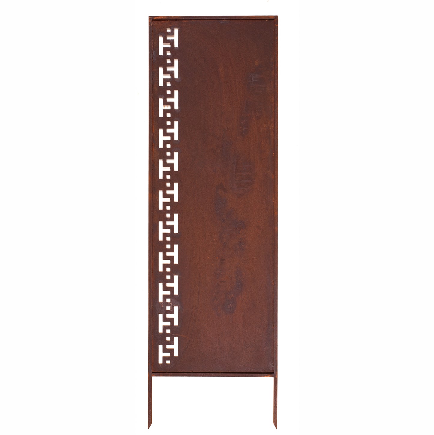 Rustic Metal Garden Screen – Corten Effect Steel Privacy Panel with Greek Motif Pattern Cutouts