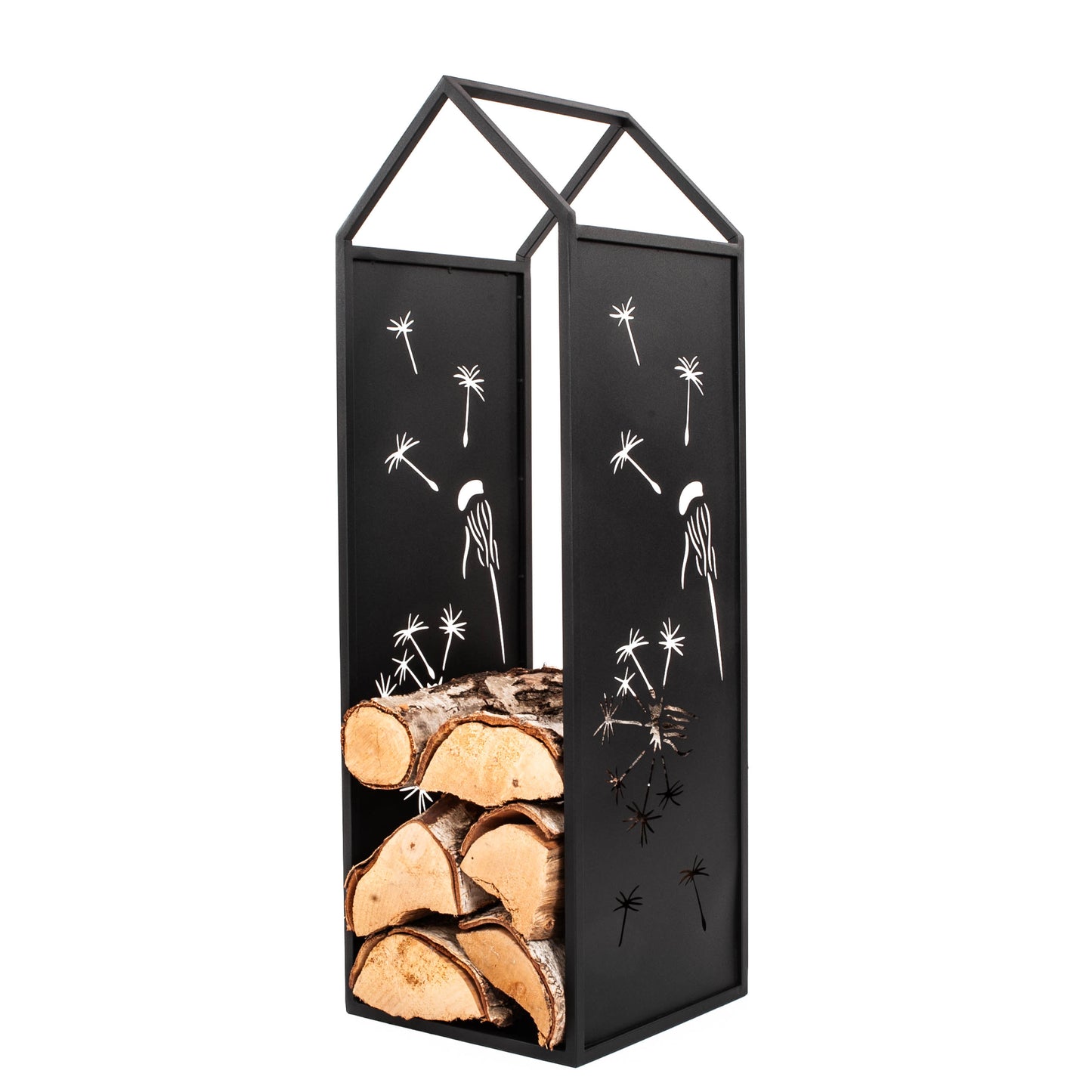Black Metal Firewood Rack with Handle, Freestanding Log Holder DANDELION