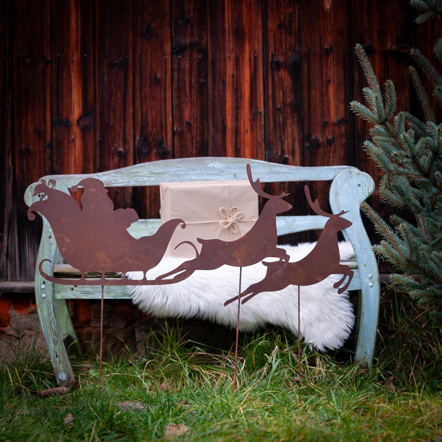 Christmas Decorations Corten Steel Effect - Santa Claus, Reindeers