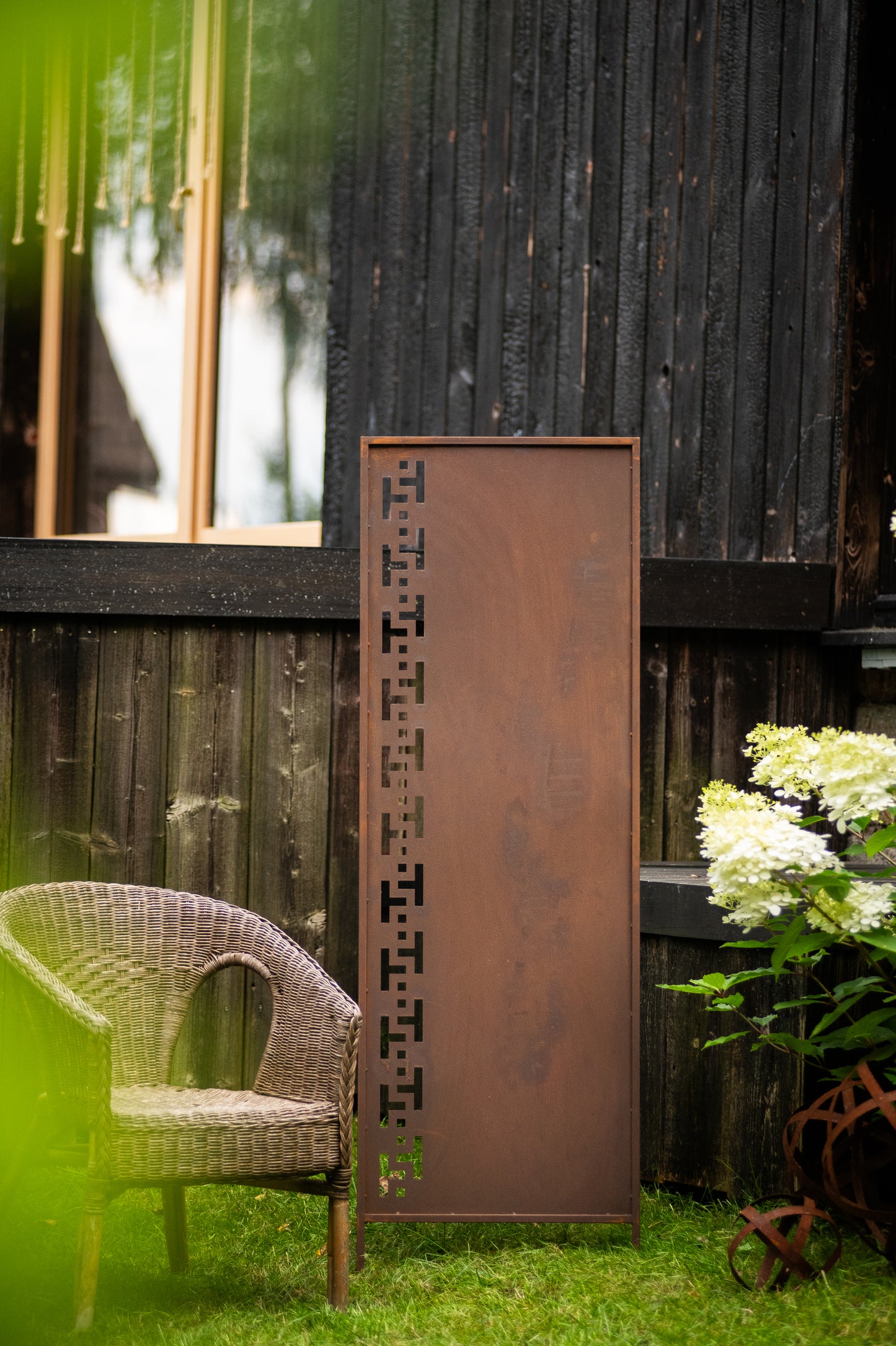 Rustic Metal Garden Screen – Corten Effect Steel Privacy Panel with Greek Motif Pattern Cutouts