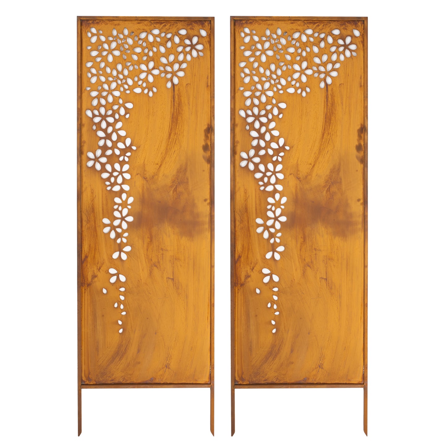 Rustic Metal Garden Screen – Effect Corten Steel Privacy Panel with Flower Garland Cutouts