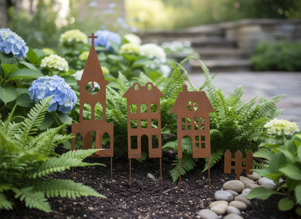 Rustic Steel Small Town Houses Garden Stakes – Metal Garden Art
