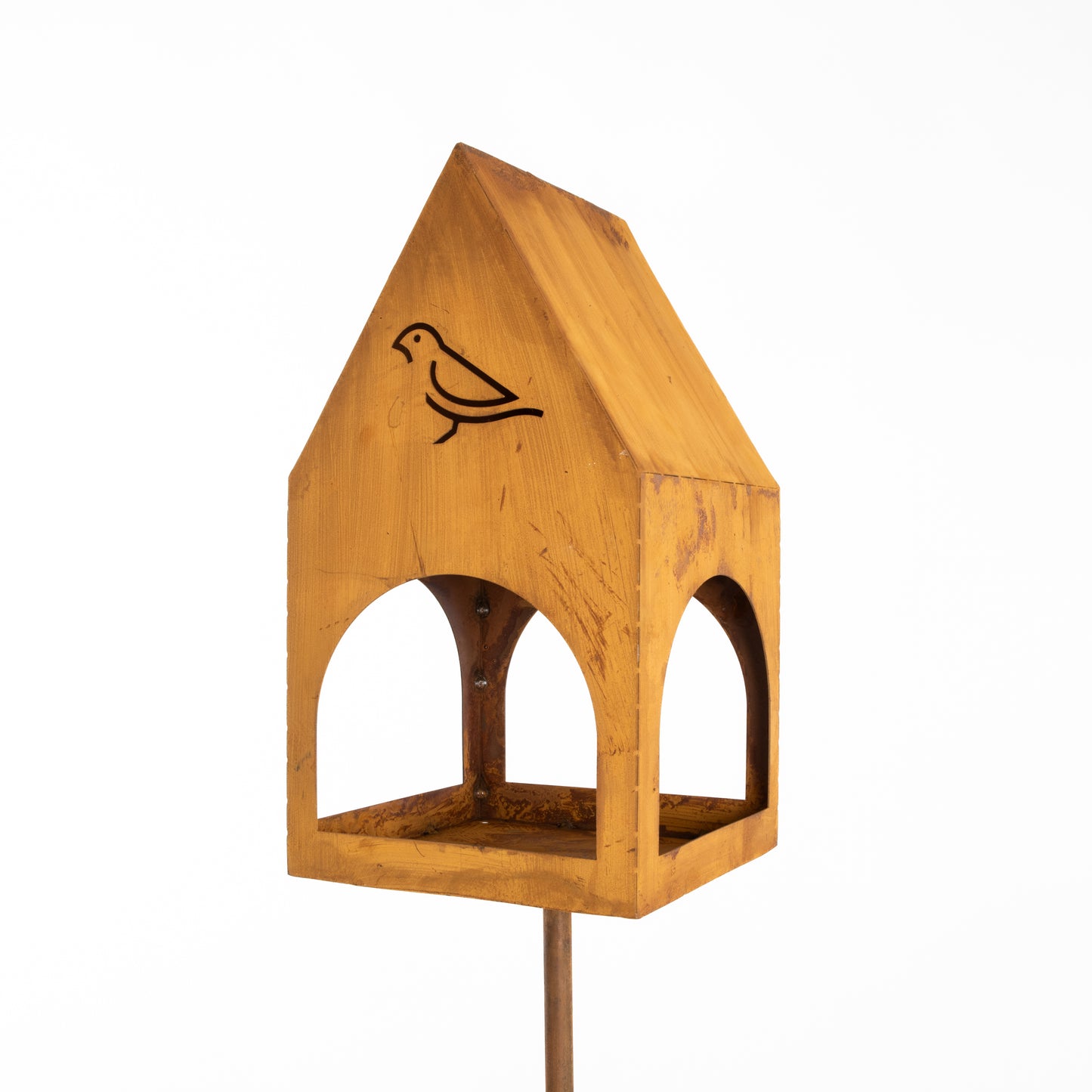 Rustic Steel Bird Feeder on Stake, Garden Decor, Natural Rust Finish