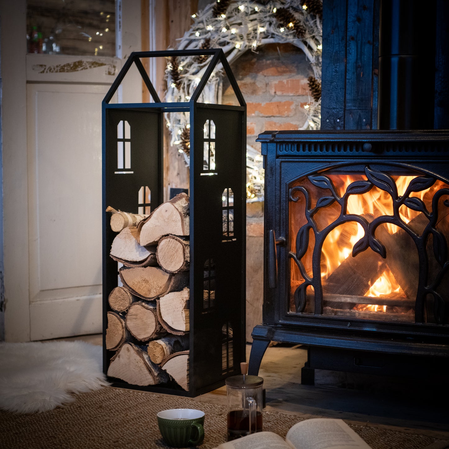 Black Metal Firewood Rack with Handle, Freestanding Log Holder
