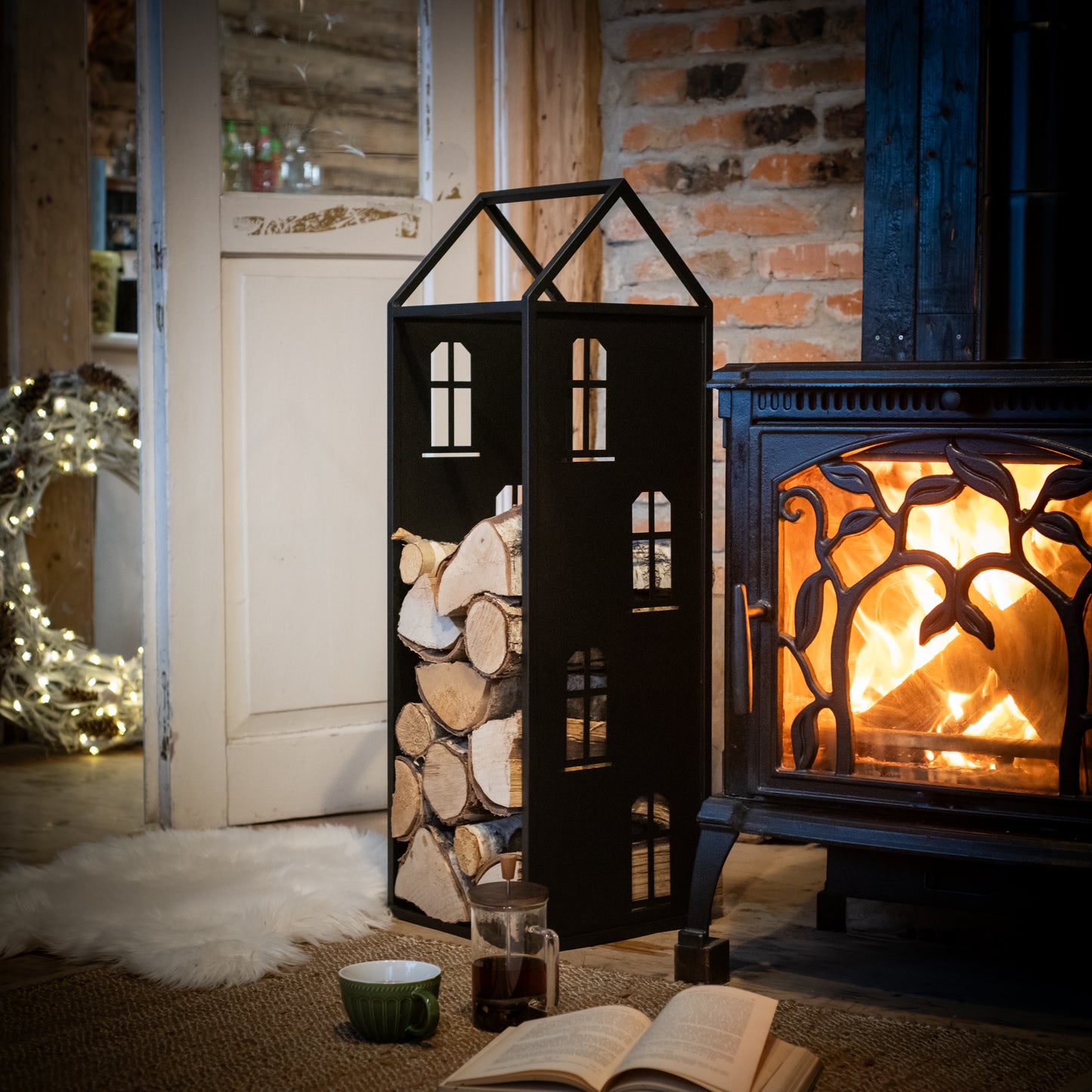 Black Metal Firewood Rack with Handle, Freestanding Log Holder