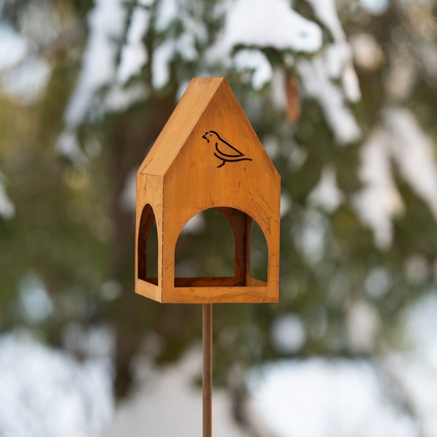 Rustic Steel Bird Feeder on Stake, Garden Decor, Natural Rust Finish
