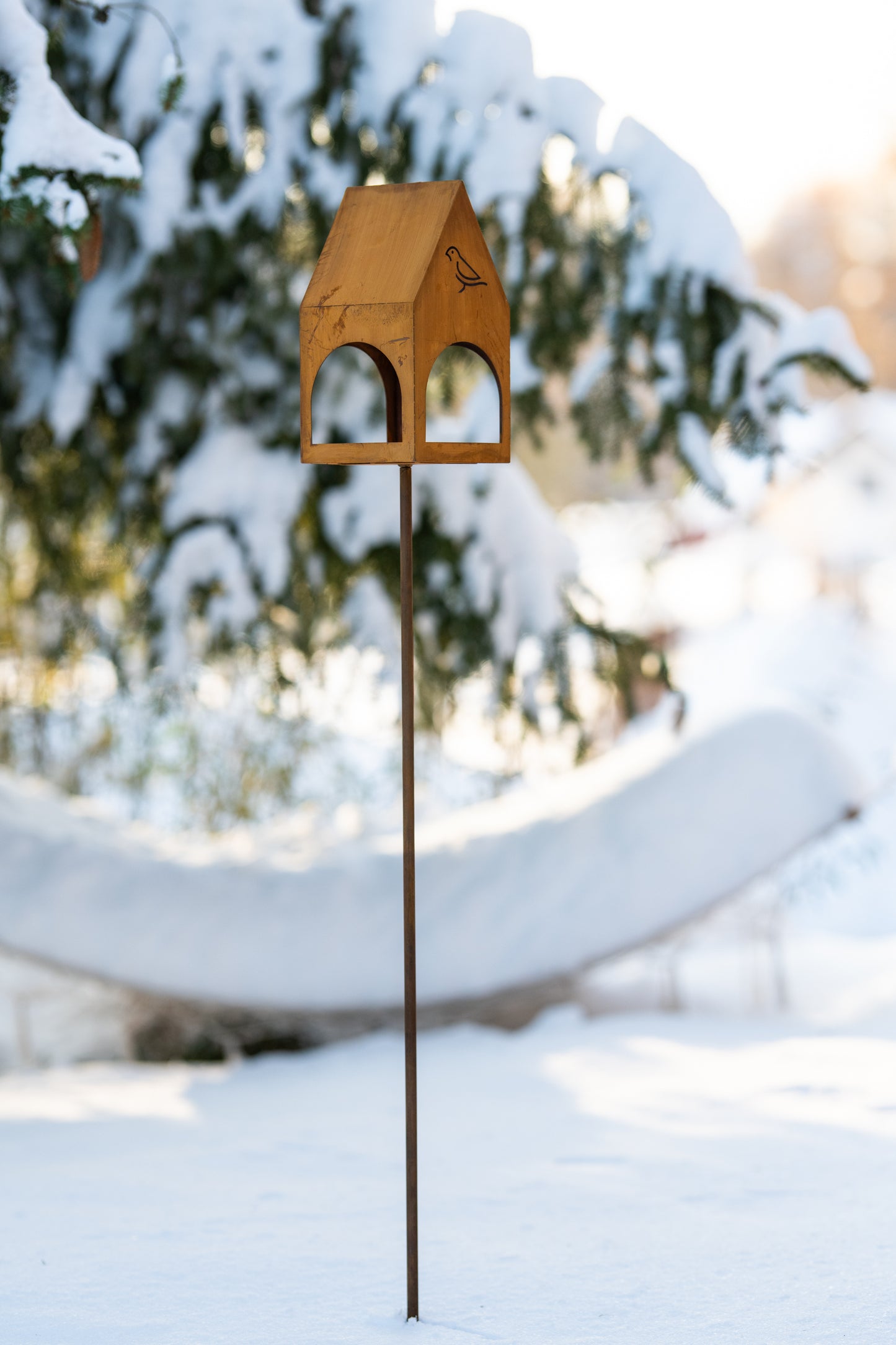 Rustic Steel Bird Feeder on Stake, Garden Decor, Natural Rust Finish
