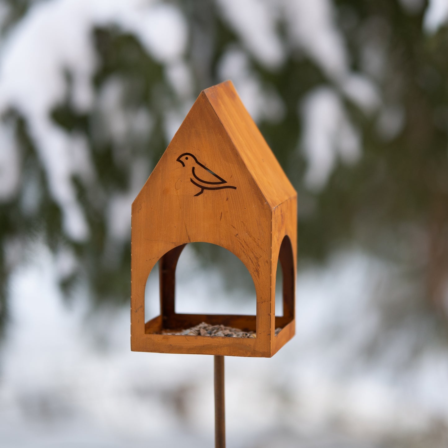 Rustic Steel Bird Feeder on Stake, Garden Decor, Natural Rust Finish