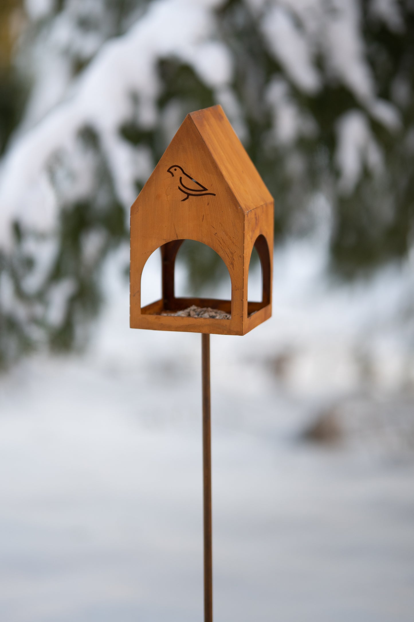 Rustic Steel Bird Feeder on Stake, Garden Decor, Natural Rust Finish