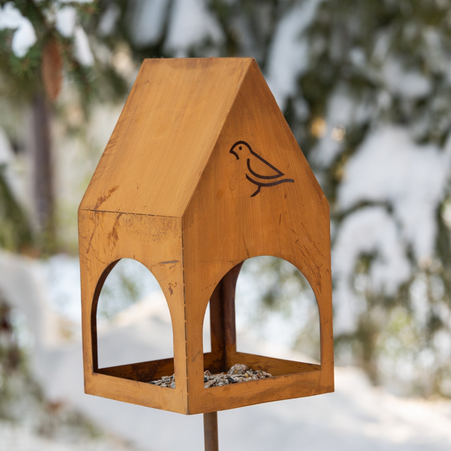 Rustic Steel Bird Feeder on Stake, Garden Decor, Natural Rust Finish