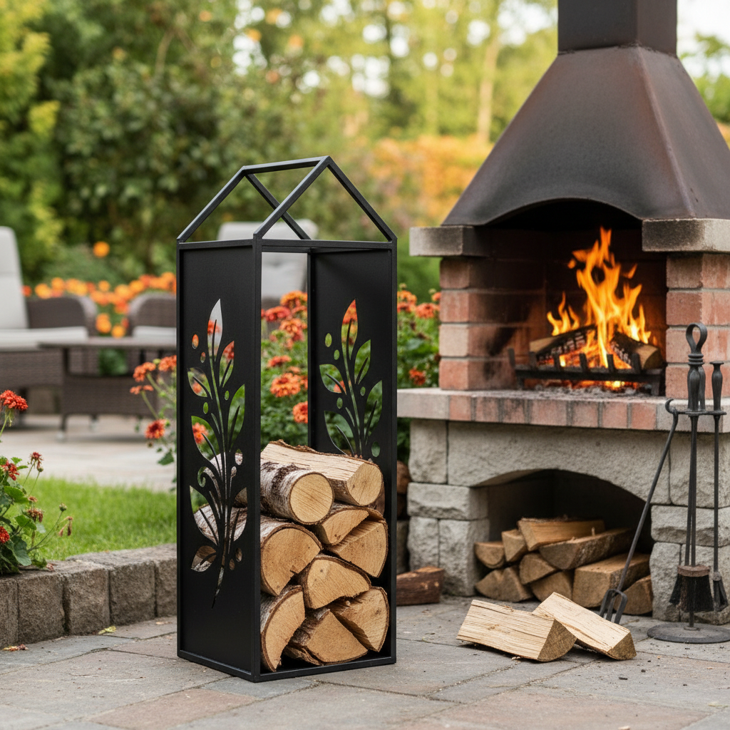 Black Metal Firewood Rack with Handle, Freestanding Log Holder LEAVES
