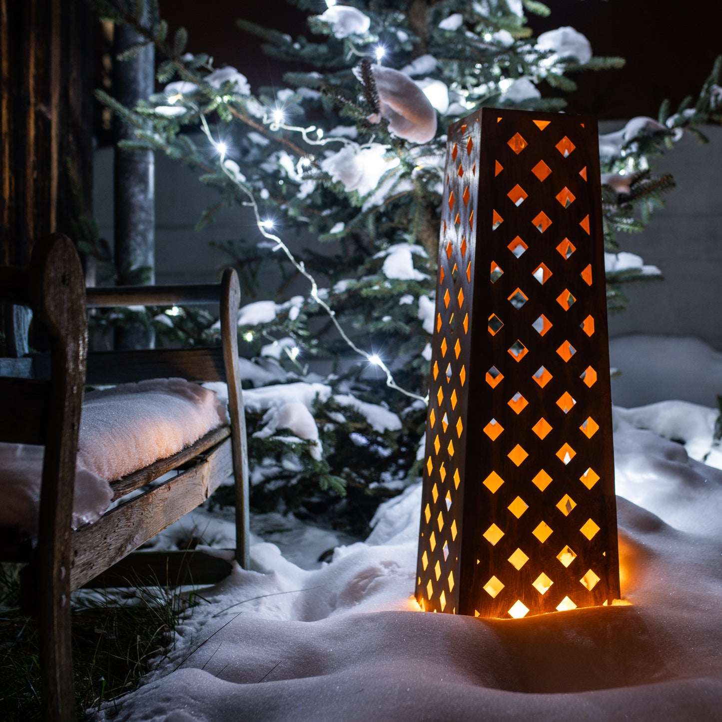 Rusty Steel Corten Trapezoid with Diamond Cutout - Unique Decorative Piece, Lighted for Ambient Effect