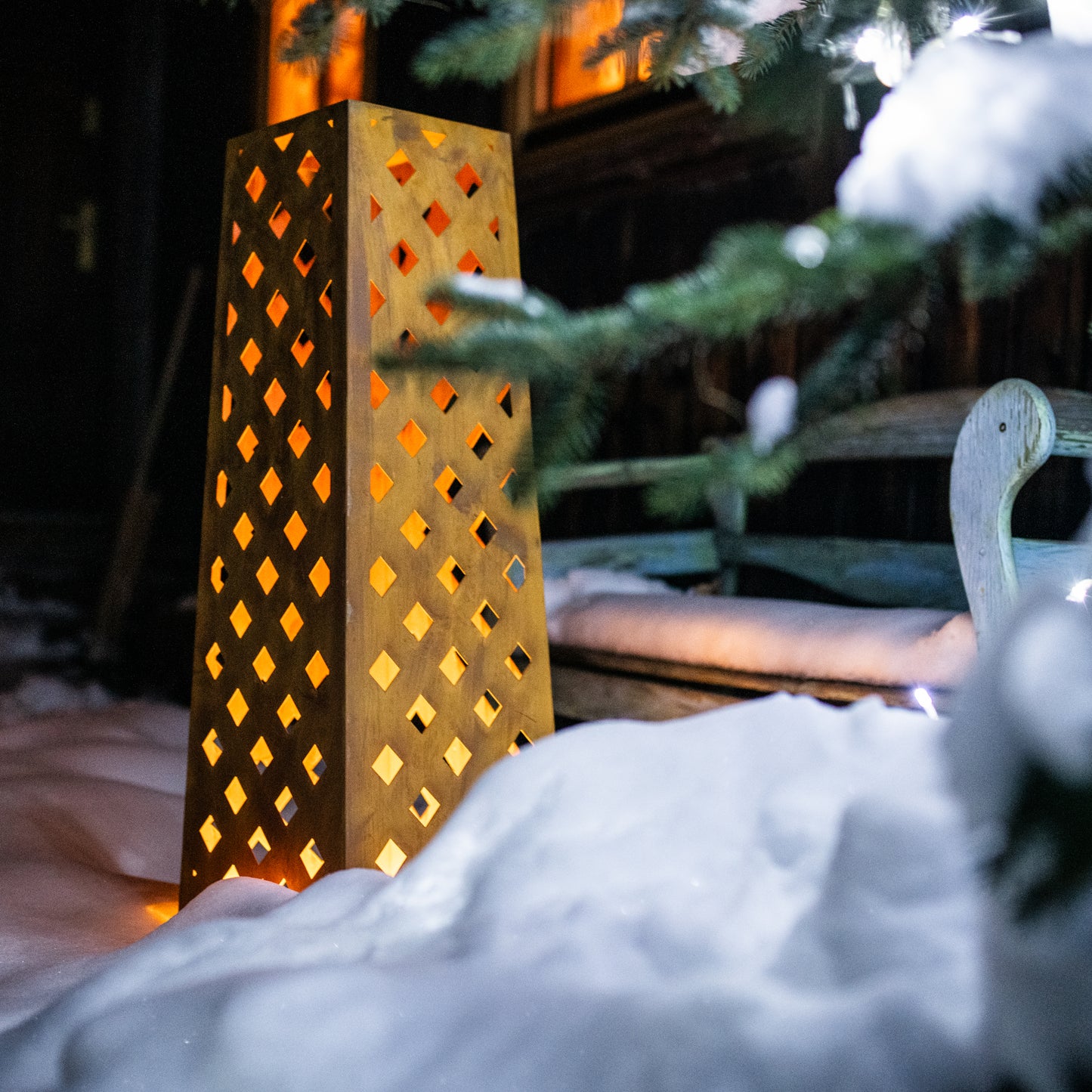 Rusty Steel Corten Trapezoid with Diamond Cutout - Unique Decorative Piece, Lighted for Ambient Effect