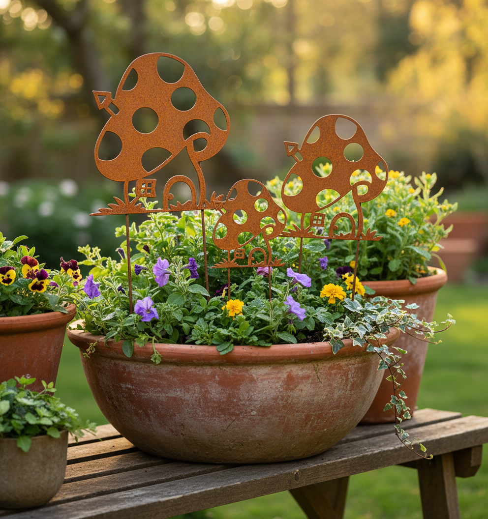 Rustic Metal Mushroom Garden Stake – Corten Steel Outdoor Decor