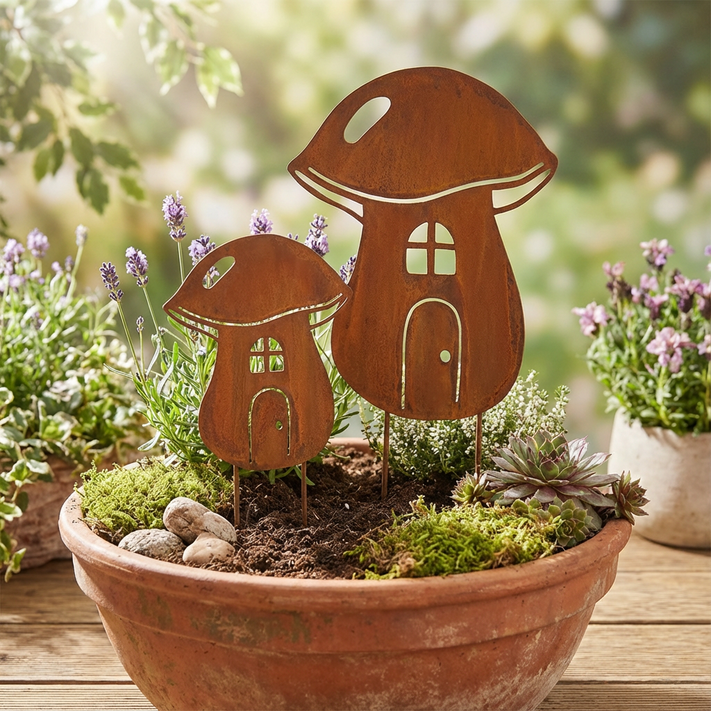 Rustic Metal Mushroom Garden Stake – Corten Steel Outdoor Decor