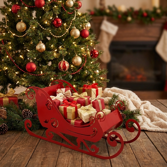 Elegant Decorative Christmas Sleigh – Festive Centerpiece for Holiday Decor, White, Natural Rust,