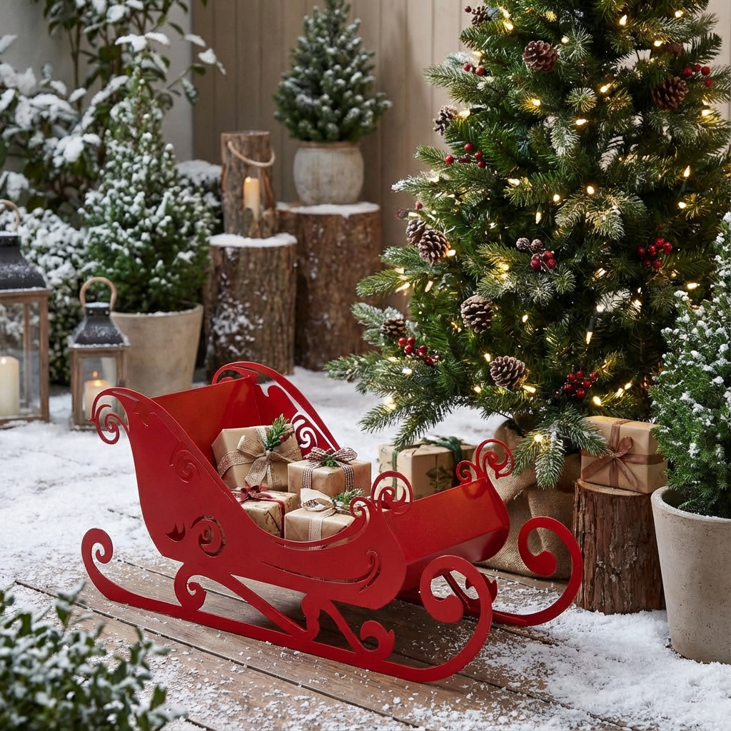 Elegant Decorative Christmas Sleigh – Festive Centerpiece for Holiday Decor, White, Natural Rust,