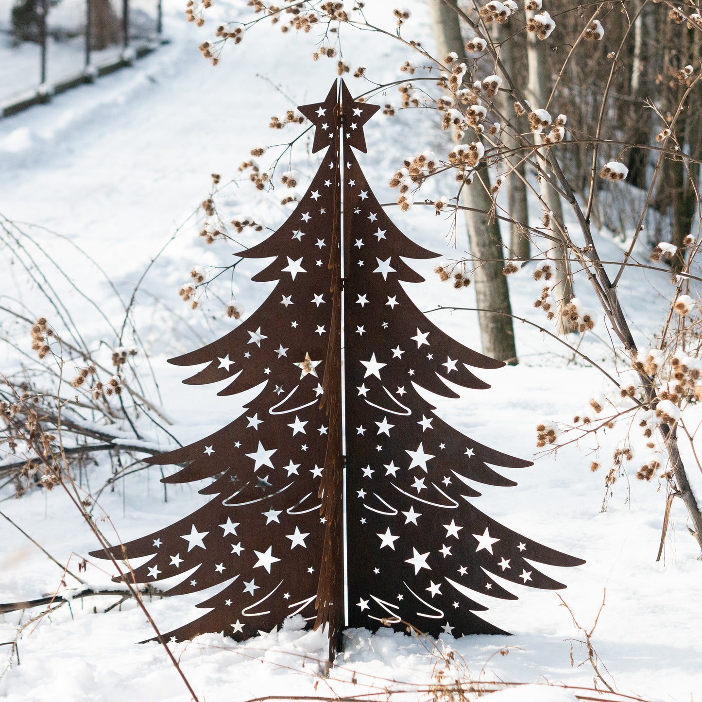 3D Natural Rust Steel Christmas Tree – Foldable Metal Holiday Decor