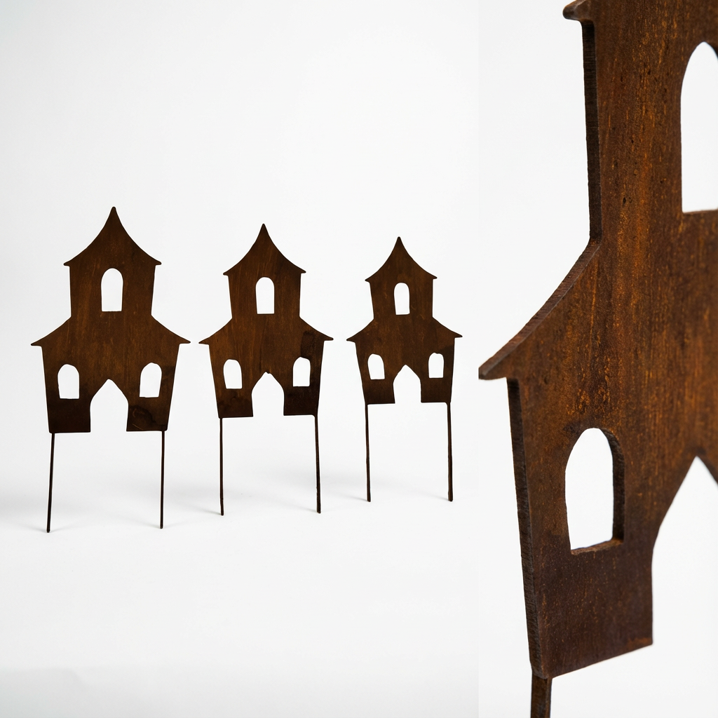 Rustic Steel Witch Houses Garden Stakes – Metal Garden Art, Set of 3