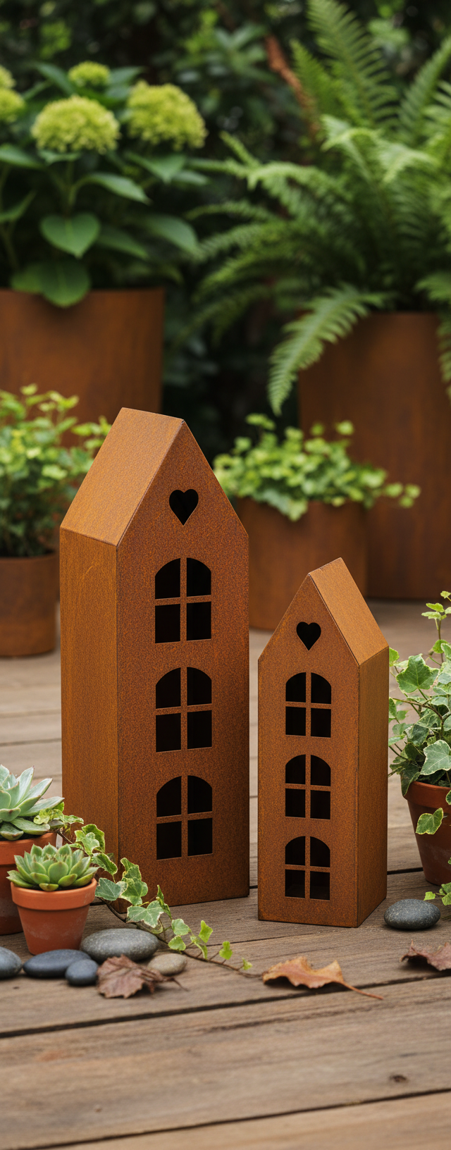 Rustic Metal Lantern House with Heart – Corten Effect, LED Candle Holder